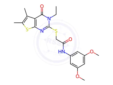Chemical structure of N-(3,5-Dimethoxyphenyl)-2-((3-ethyl-5,6-dimethyl-4-oxo-3,4-dihydrothieno[2,3-d]pyrimidin-2-yl)thio)acetamide