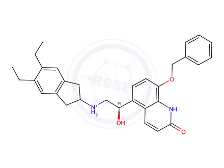 Chemical structure of (R)-N-(2-(8-(benzyloxy)-2-oxo-1,2-dihydroquinolin-5-yl)-2-hydroxyethyl)-5,6-diethyl-2,3-dihydro-1H-inden-2-aminium benzoate