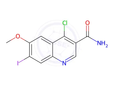 Chemical structure of 4-chloro-7-iodo-6-methoxyquinoline-3-carboxamide