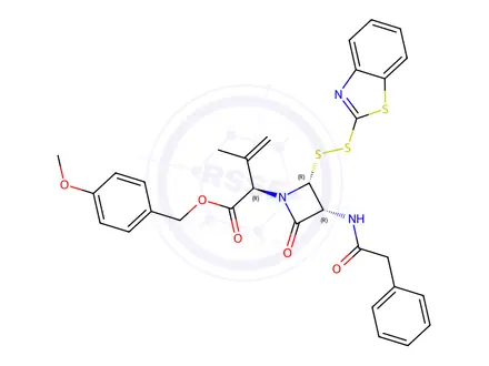 Chemical structure of 4-Methoxybenzyl (R)-2-((2R,3R)-2-(benzo[d]thiazol-2-yldisulfaneyl)-4-oxo-3-(2-phenylacetamido)azetidin-1-yl)-3-methylbut-3-enoate