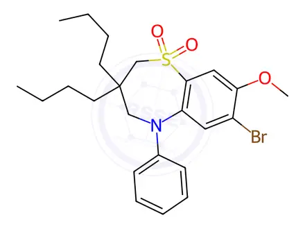 Chemical structure of 7-Bromo-3,3-dibutyl-8-methoxy-5-phenyl-2,3,4,5-tetrahydro-1,5-benzothiazepine-1,1-dioxide