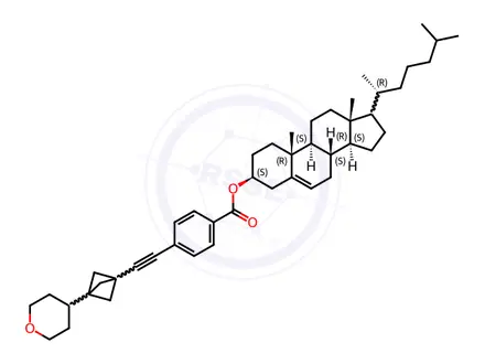 Chemical structure of (3S,8S,9S,10R,13R,14S,17R)-10,13-dimethyl-17-((R)-6-methylheptan-2-yl)-2,3,4,7,8,9,10,11,12,13,14,15,16,17-tetradecahydro-1H-cyclopenta[a]phenanthren-3-yl 4-((3-(tetrahydro-2H-pyran-4-yl)bicyclo[1.1.1]pentan-1-yl)ethynyl)benzoate