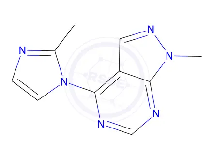 Chemical structure of 2-methyl-1-{1-methyl-1H-pyrazolo[3,4-d]pyrimidin-4-yl}-1H-imidazole