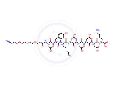 Chemical structure of (2S,5S,8S,11S,14S,17S,20S,23S)-2,17-Bis(4-aminobutyl)-23-(3-(2-(2-(2-azidoethoxy)ethoxy)ethoxy)propanamido)-5,8,11,14-tetrakis(carboxymethyl)-20-(4-hydroxybenzyl)-4,7,10,13,16,19,22-heptaoxo-3,6,9,12,15,18,21-heptaazapentacosanedioic Acid