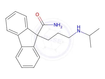 Chemical structure of 9-(3-(Isopropylamino)propyl)-9H-fluorene-9-carboxamide