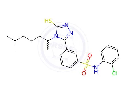 Chemical structure of N-(2-Chlorophenyl)-3-[4-(6-methylheptan-2-yl)-5-sulfanyl-4H-1,2,4-triazol-3-yl]benzene-1-sulfonamide