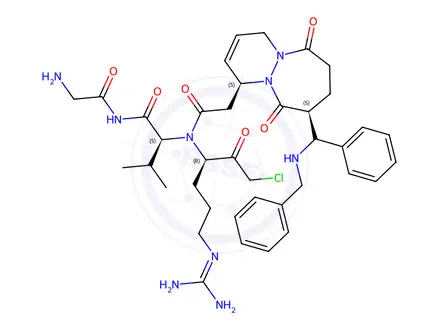 Chemical structure of alpha-(1,7-diaza-5-(alpha-(phenylmethylamino)phenylmethyl)-2,6-dioxobicyclo(5.4.0)undecan-8-yl)glycyl-isoleucyl-argininyl chloromethyl ketone