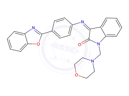 Chemical structure of 1,3-Dihydro-3-((4-(2-benzoxazoyl)phenyl)imino)-1-(4-morpholinylmethyl)-2H-indol-2-one