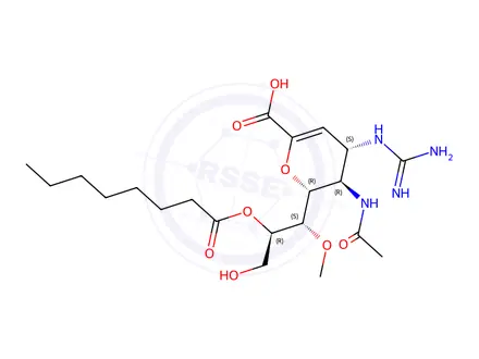 Chemical structure of (2R,3R,4S)-3-Acetamido-4-guanidino-2-((1S,2R)-3-hydroxy-1-methoxy-2-(octanoyloxy)propyl)-3,4-dihydro-2H-pyran-6-carboxylic Acid