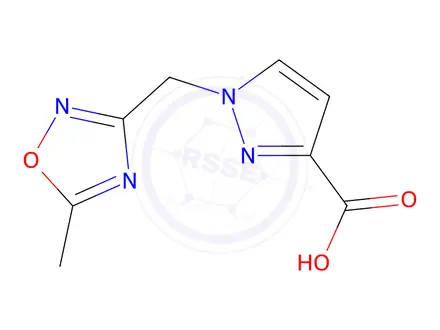 Chemical structure of 1-((5-Methyl-1,2,4-oxadiazol-3-yl)methyl)-1H-pyrazole-3-carboxylic acid