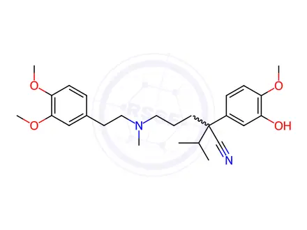 Chemical structure of 5-((3,4-Dimethoxyphenethyl)(methyl)amino)-2-(3-hydroxy-4-methoxyphenyl)-2-isopropylpentanenitrile