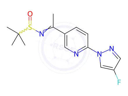 Chemical structure of N-(1-(6-(4-fluoro-1H-pyrazol-1-yl)pyridin-3-yl)ethylidene)-2-methylpropane-2-sulfinamide