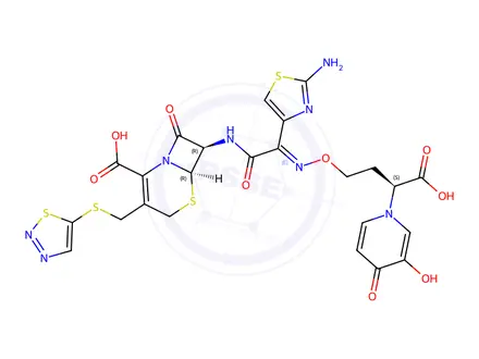 Chemical structure of 7-(-2-(2-aminothiazol-4-yl)-2-(3-(3-hydroxy-4-pyridon-1-yl)-3-carboxypropoxyimino)acetamido)-3-(1,2,3-thiadiazol-5-yl)-thiomethyl-3-cephem-4-carboxylic acid