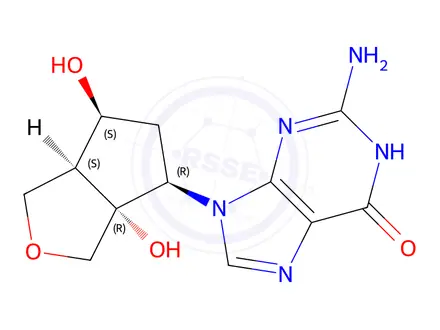 Chemical structure of 2-amino-9-((3aR,4R,6S,6aS)-3a,6-dihydroxyhexahydro-1H-cyclopenta[c]furan-4-yl)-1,9-dihydro-6H-purin-6-one