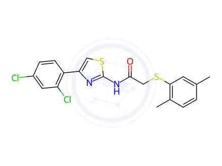 Chemical structure of N-(4-(2,4-dichlorophenyl)thiazol-2-yl)-2-((2,5-dimethylphenyl)thio)acetamide