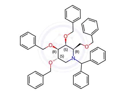 Chemical structure of (2R,3S,4R,5S)-1-Benzhydryl-3,4,5-tris(benzyloxy)-2-((benzyloxy)methyl)piperidine