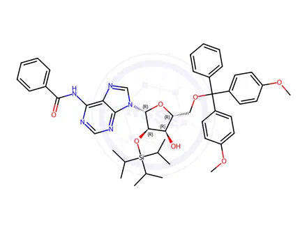 Chemical structure of N-Benzoyl-5'-O-[bis(4-methoxyphenyl)phenylmethyl]-2'-O-[tris(1-methylethyl)silyl]adenosine