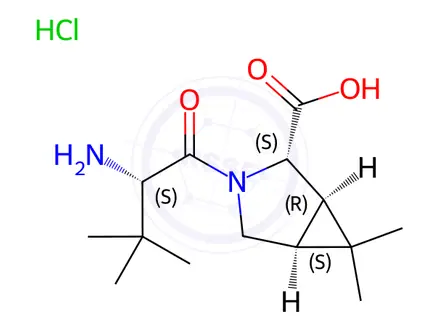 Chemical structure of (1R,2S,5S)-3-((S)-2-Amino-3,3-dimethylbutanoyl)-6,6-dimethyl-3-azabicyclo[3.1.0]hexane-2-carboxylic acid hydrochloride