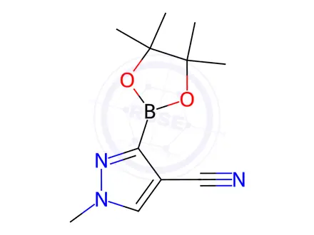 Chemical structure of 1-Methyl-3-(4,4,5,5-tetramethyl-1,3,2-dioxaborolan-2-yl)-1H-pyrazole-4-carbonitrile