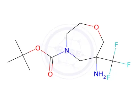Chemical structure of tert-butyl 6-amino-6-(trifluoromethyl)-1,4-oxazepane-4-carboxylate