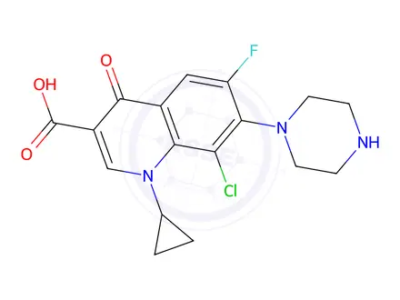 Chemical structure of 8-Chloro-1-cyclopropyl-6-fluoro-4-oxo-7-(piperazin-1-yl)-1,4-dihydroquinoline-3-carboxylic acid