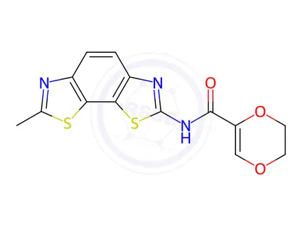 Chemical structure of N-(7-Methylbenzo[1,2-d:4,3-d']bis(thiazole)-2-yl)-5,6-dihydro-1,4-dioxine-2-carboxamide