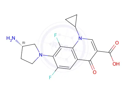 Chemical structure of 7-[(3S)-3-aminopyrrolidin-1-yl]-1-cyclopropyl-6,8-difluoro-4-oxo-quino line-3-carboxylic acid