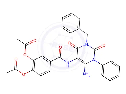Chemical structure of 4-((6-Amino-3-benzyl-2,4-dioxo-1-phenyl-1,2,3,4-tetrahydropyrimidin-5-yl)carbamoyl)-1,2-phenylene diacetate