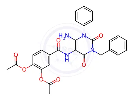 Chemical structure of 4-((6-Amino-3-benzyl-2,4-dioxo-1-phenyl-1,2,3,4-tetrahydropyrimidin-5-yl)carbamoyl)-1,2-phenylene diacetate