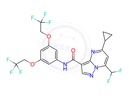 Chemical structure of N-[3,5-bis(2,2,2-trifluoroethoxy)phenyl]-5-cyclopropyl-7-(difluoromethyl)pyrazolo[1,5-a]pyrimidine-3-carboxamide