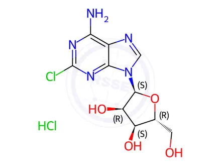 Chemical structure of (2S,3R,4S,5R)-2-(6-amino-2-chloro-9H-purin-9-yl)-5-(hydroxymethyl)tetrahydrofuran-3,4-diol hydrochlo