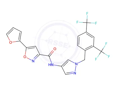 Chemical structure of 3-Isoxazolecarboxamide, N-[1-[[2,4-bis(trifluoromethyl)phenyl]methyl]-1H-pyrazol-4-yl]-5-(2-furanyl)-