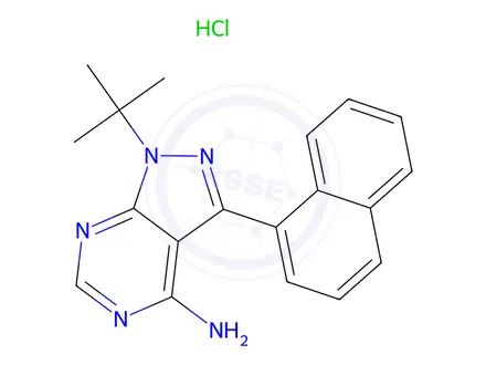 Chemical structure of 1-tert-Butyl-3-(naphthalen-1-yl)-1H-pyrazolo-[3,4-d]pyrimidin-4-amine hydrochloride