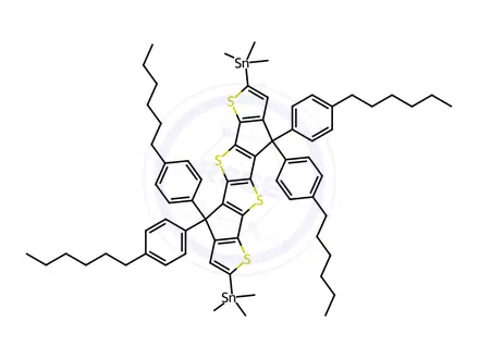 Chemical structure of Stannane, 1,1'-[4,4,9,9-tetrakis(4-hexylphenyl)-4,9-dihydrothieno[3',2':4,5]cyclopenta[1,2-b]thieno[2'',3'':3',4']cyclopenta[1',2':4,5]thieno[2,3-d]thiophene-2,7-diyl]bis[1,1,1-trimethyl-