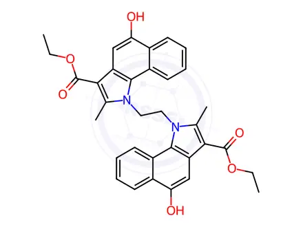 Chemical structure of Ethyl 1-[2-(3-ethoxycarbonyl-5-hydroxy-2-methylbenzo[g]indol-1-yl)ethyl]-5-hydroxy-2-methylbenzo[g]indole-3-carboxylate