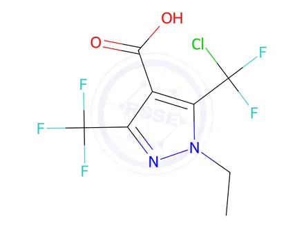 Chemical structure of 5-(chlorodifluoromethyl)-1-ethyl-3-(trifluoromethyl)-1H-pyrazole-4-carboxylic acid