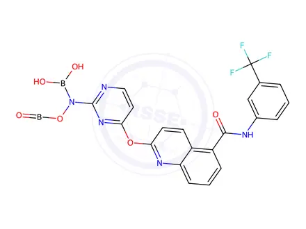 Chemical structure of ((Oxoboryl)oxy)(4-((5-((3-(trifluoromethyl)phenyl)carbamoyl)quinolin-2-yl)oxy)pyrimidin-2-yl)boramidic acid