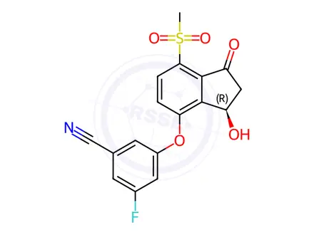 Chemical structure of Benzonitrile, 3-[[(3R)-2,3-dihydro-3-hydroxy-7-(methylsulfonyl)-1-oxo-1H-inden-4-yl]oxy]-5-fluoro-