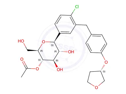 Chemical structure of (2R,3S,4R,5R,6S)-6-(4-chloro-3-(4-(((S)-tetrahydrofuran-3-yl)oxy)benzyl)phenyl)-4,5-dihydroxy-2-(hydroxymethyl)tetrahydro-2H-pyran-3-yl acetate
