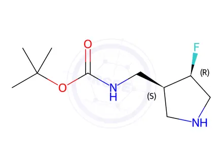 Chemical structure of Carbamic acid, [[(3R,4S)-4-fluoro-3-pyrrolidinyl]methyl]-, 1,1-dimethylethyl