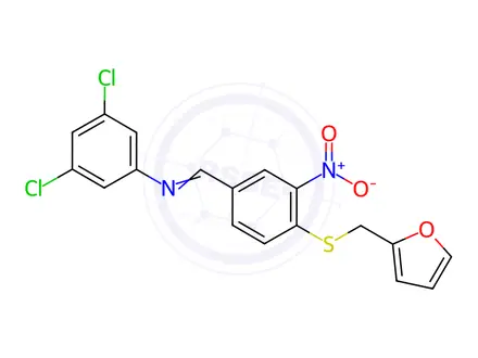 Chemical structure of N-(3,5-dichlorophenyl)-1-(4-((furan-2-ylmethyl)thio)-3-nitrophenyl)methanimine