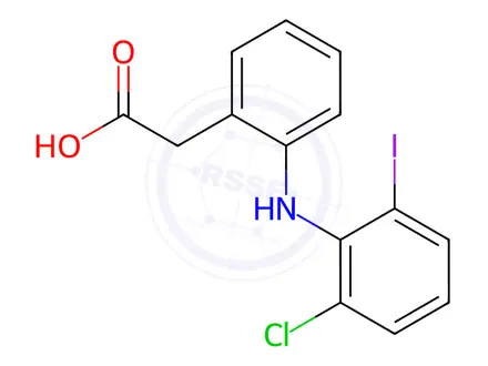 Chemical structure of 2-(2-((2-Chloro-6-iodophenyl)amino)phenyl)acetic Acid