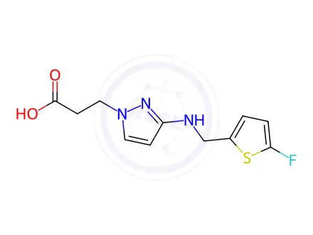 Chemical structure of 3-(3-{[(5-fluoro-2-thienyl)methyl]amino}-1H-pyrazol-1-yl)propanoic acid