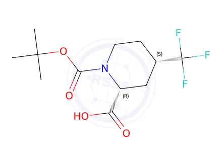 Chemical structure of (2R,4S)-1-(tert-Butoxycarbonyl)-4-(trifluoromethyl)piperidine-2-carboxylic acid