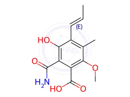 Chemical structure of Benzoic acid, 2-(aminocarbonyl)-3-hydroxy-6-methoxy-5-methyl-4-(1E)-1-propen-1-yl-