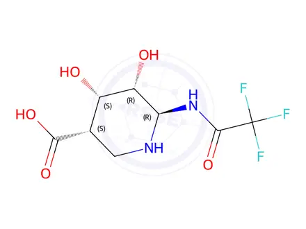 Chemical structure of 4,5-Dihydroxy-6-((trifluoroacetyl)amino)-3-piperidinecarboxylic acid (3S-(3alpha,4alpha,5alpha,6beta))-