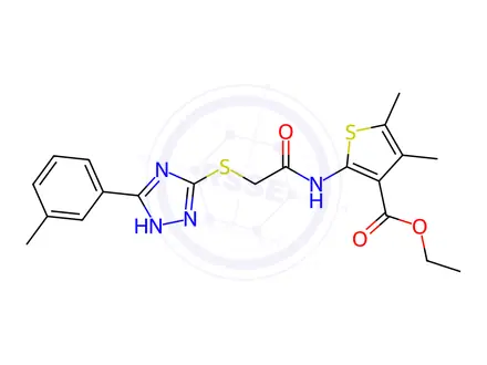 Chemical structure of Ethyl 4,5-dimethyl-2-(2-((3-(m-tolyl)-1H-1,2,4-triazol-5-yl)thio)acetamido)thiophene-3-carboxylate