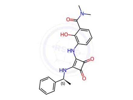 Chemical structure of Benzamide, 3-[[3,4-dioxo-2-[[(1S)-1-phenylethyl]amino]-1-cyclobuten-1-yl]amino]-2-hydroxy-N,N-dimethyl-
