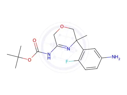 Chemical structure of tert-Butyl (5-(5-amino-2-fluorophenyl)-5-methyl-5,6-dihydro-2H-1,4-oxazin-3-yl)carbamate