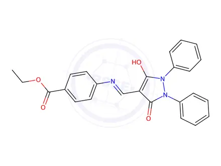 Chemical structure of 4-[[(3,5-Dioxo-1,2-diphenylpyrazolidin-4-ylidene)methyl]amino]benzoic acid ethyl ester